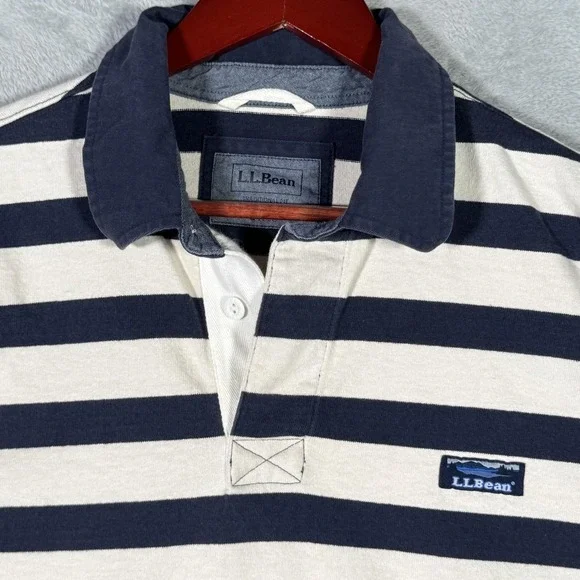L.L.Bean Rugby Polo Shirt Mens Large Blue Stripe Long Sleeve Cotton Casual - Picture 2 of 8